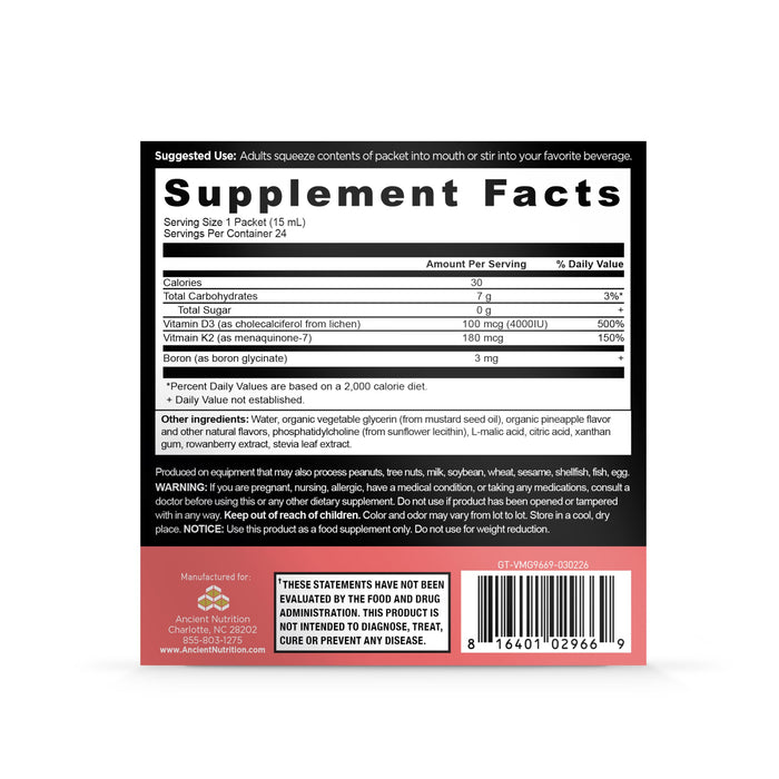 Ancient Nutrition Liposomal D3 + K2 Vitamin Gel, Pineapple - 12Gel Packs