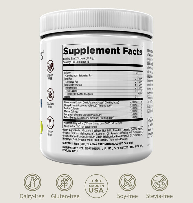 BiOptimizers Mushroom Breakthrough – Chocolate Drink – Lion’s Mane, Chaga, Reishi + Collagen Peptides 15 Servings