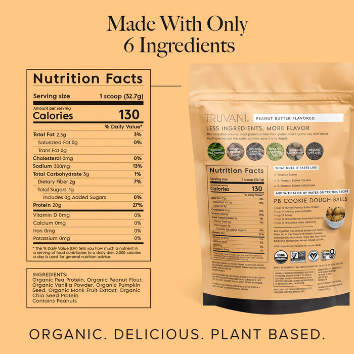 Truvani Vegan Pea Protein Powder Peanut Butter 20g -20 Servings