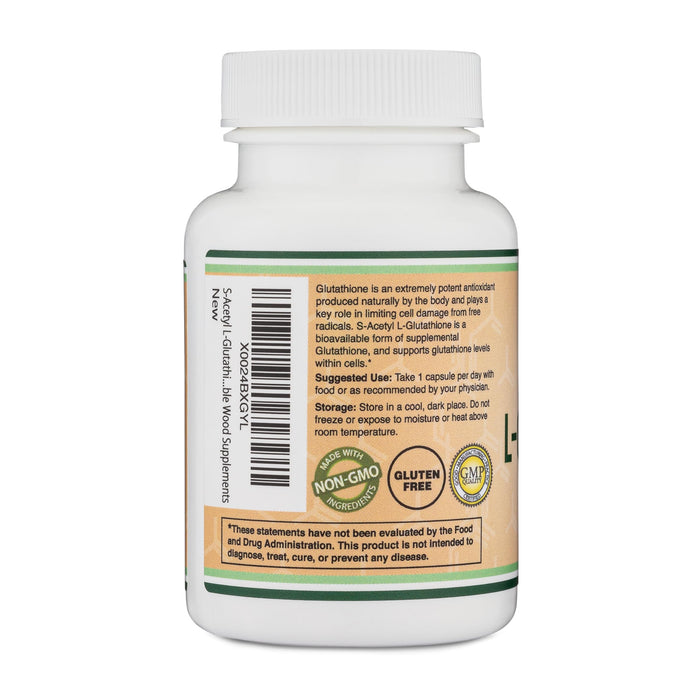 Double Wood S-Acetyl L-Glutathione 100mg 60 Capsules (Acetylated Glutathione Antioxidant Non-GMO and Gluten Free