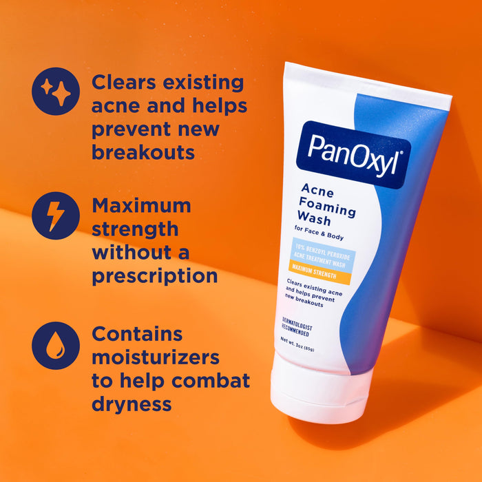 PanOxyl Acne Foaming Wash | 10% Benzoyl Peroxide - Face & Body 3 oz
