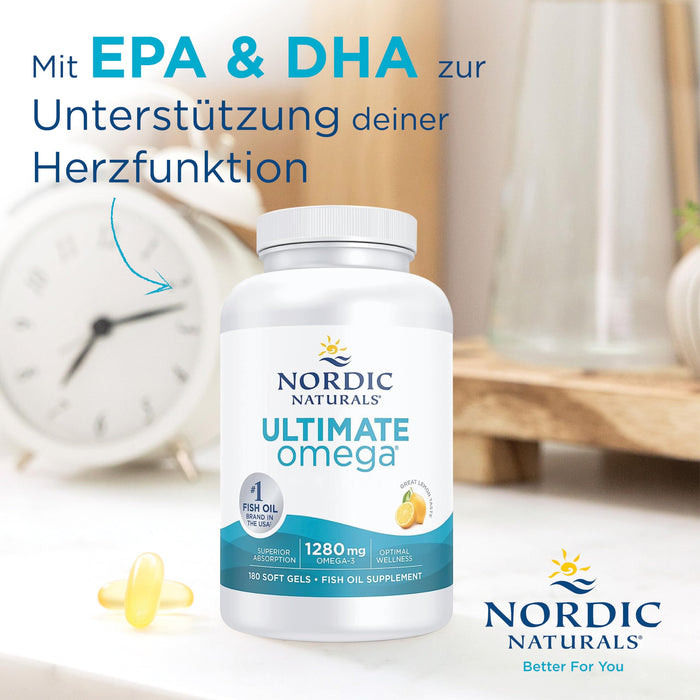 Nordic Naturals, Ultimate Omega-3, 1280mg, mit EPA und DHA, hochdosiert, Zitronengeschmack, 180 Weichkapseln, Laborgeprüft, Sojafrei, Glutenfrei, Ohne Gentechnik