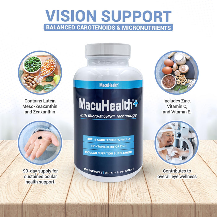 Macuhealth Plus+ Eye Vitamins Supplement for Adults - 90 Day Supply with Lutein, Zeaxanthin, and Meso-Zeaxanthin - Unflavored, Vitamin for Eyes