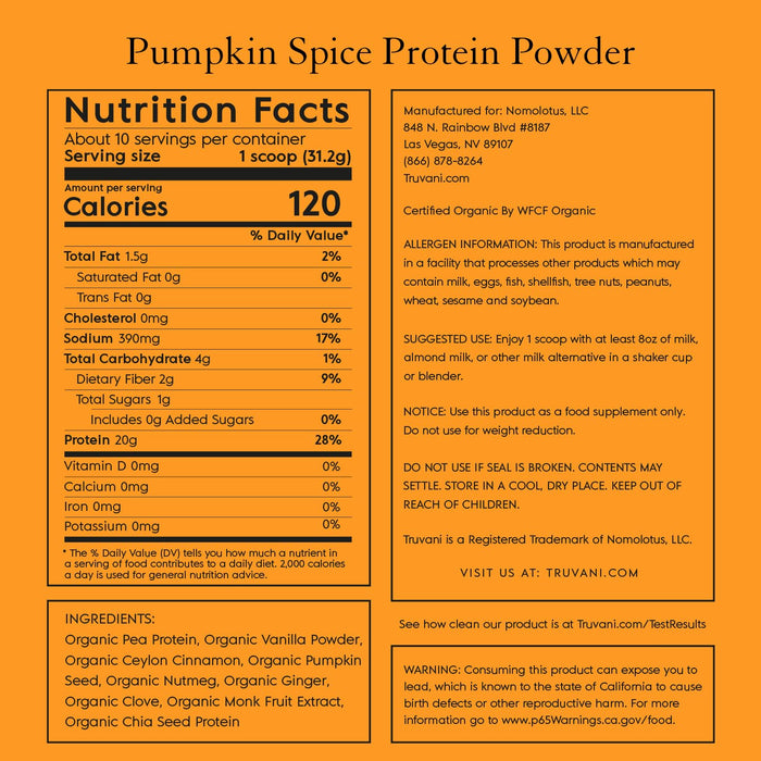 Truvani Vegan Pea Protein Powder Pumpkin Spice 20g 10 Servings