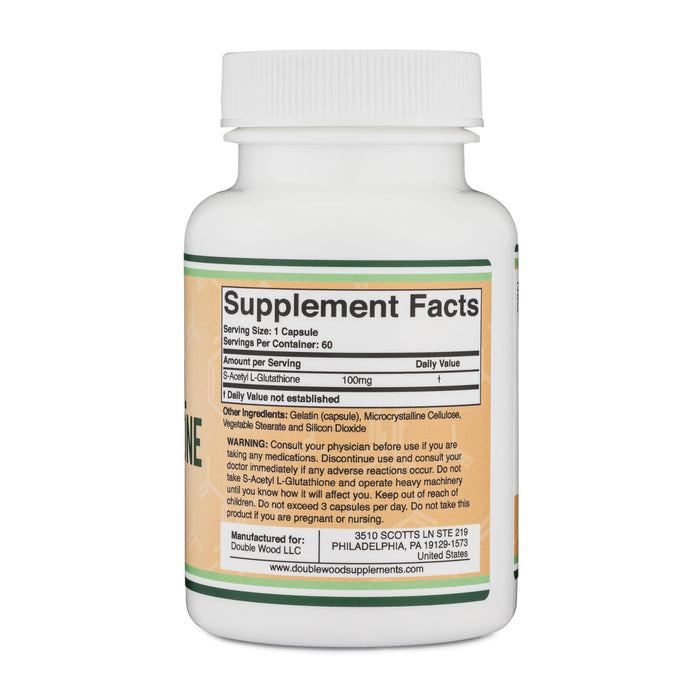 Double Wood S-Acetyl L-Glutathione 100mg 60 Capsules (Acetylated Glutathione Antioxidant Non-GMO and Gluten Free