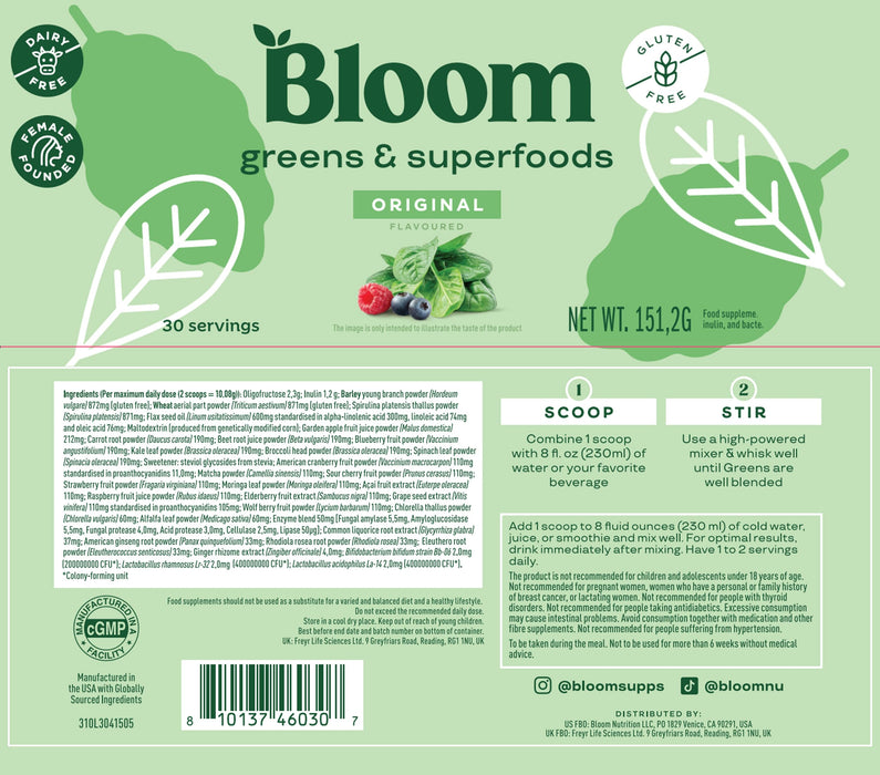 Bloom Nutrition Superfood Greens Powder Original Flavor 30 Servings