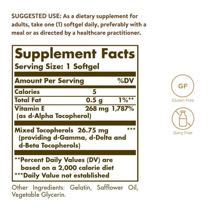 Solgar Vitamin E 268 MG 400 IU PLUS d-Alpha Tocopherol & Mixed Tocopherols 100 Softgels