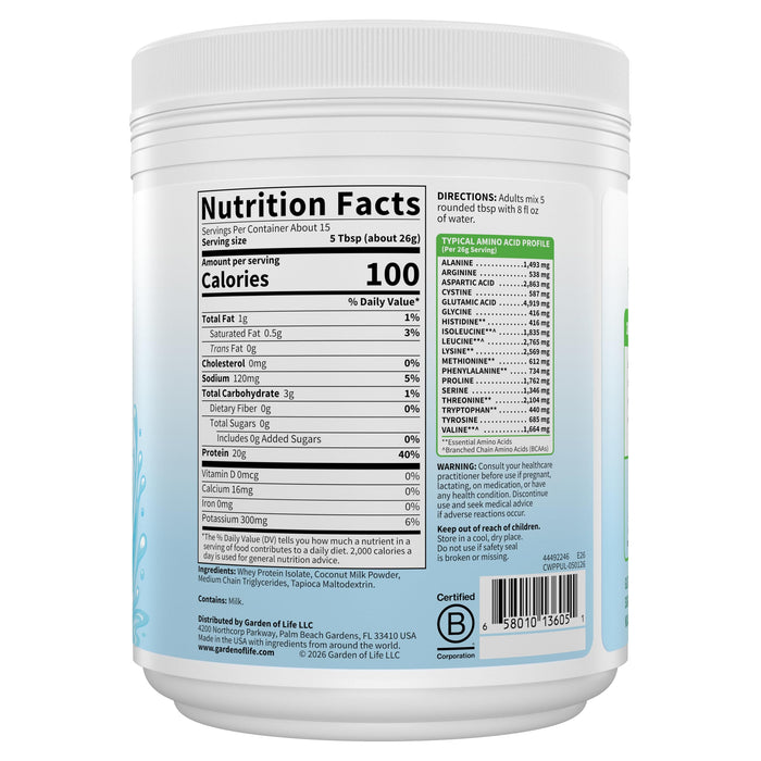 Garden of Life Clear Whey Protein Powder, Unflavored, 13.8oz