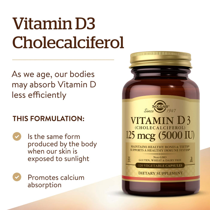 Solgar Vitamin D3 Cholecalciferol 125 Mcg 5000 IU 120 Vegetable Capsules