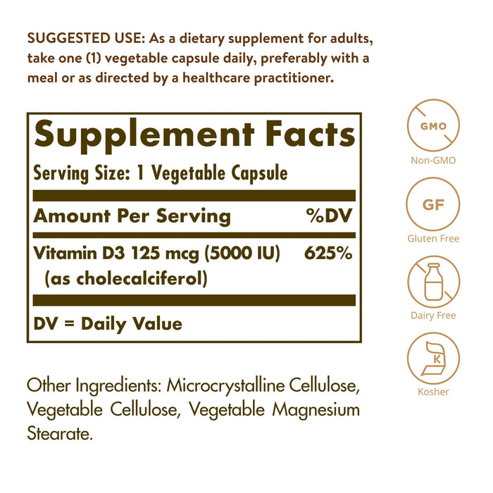 Solgar Vitamin D3 Cholecalciferol 125 Mcg 5000 IU 120 Vegetable Capsules