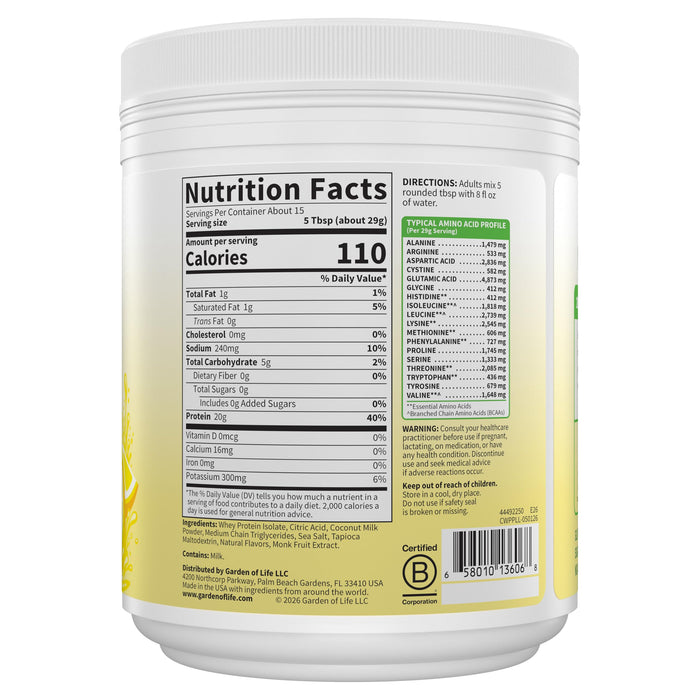 Garden of Life Clear Whey Protein Powder Lemon Frost Flavored, 15.3 oz