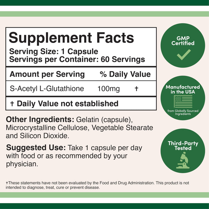 Double Wood S-Acetyl L-Glutathione 100mg 60 Capsules (Acetylated Glutathione Antioxidant Non-GMO and Gluten Free