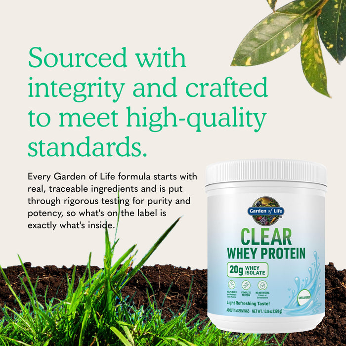 Garden of Life Clear Whey Protein Powder, Unflavored, 13.8oz
