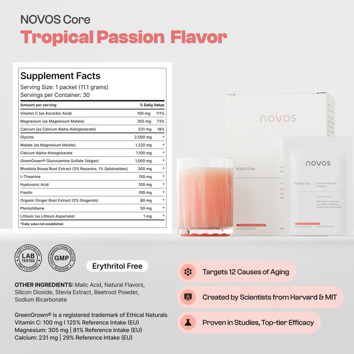 NOVOS Core Breakthrough Longevity Formulation Tropical Passion Flavor 30 Packets