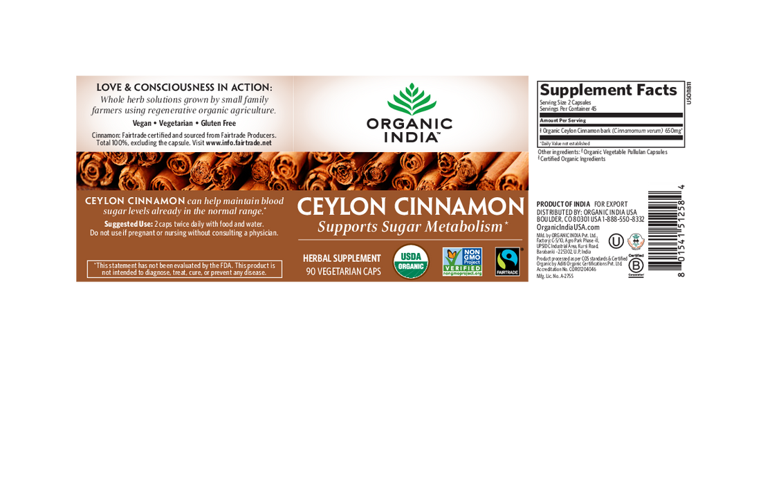 Organic India Cinnamon 90 vegcaps