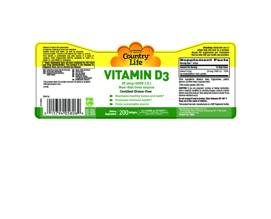 Country Life Vitamin D3 1000 IU 200 gels