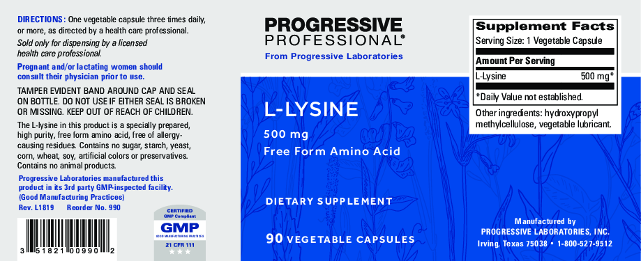 Progressive Labs L-Lysine 500 mg 90 vcaps