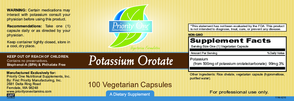 Priority One Vitamins Potassium Orotate 100 vcaps