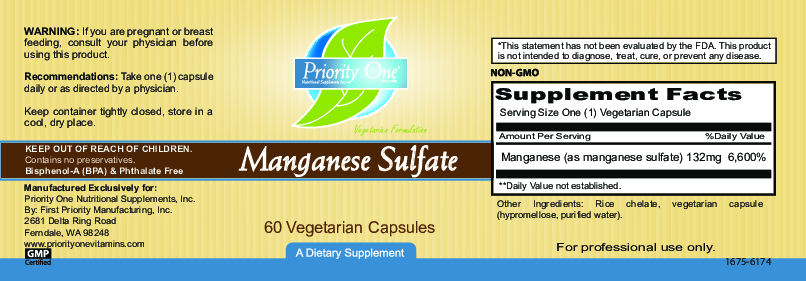 Priority One Vitamins Manganese Sulfate 400mg 60 vegcaps