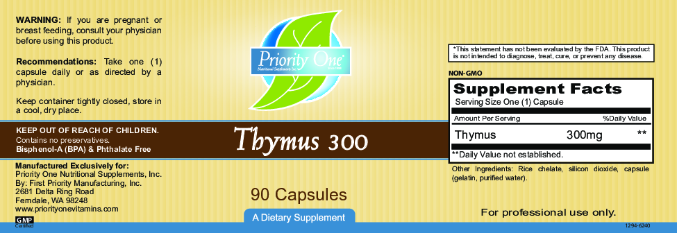 Priority One Vitamins Thymus 300 mg 90 Kapseln