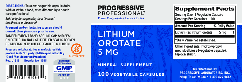 Progressive Labs Lithium Orotate 5mg 100 vegcaps