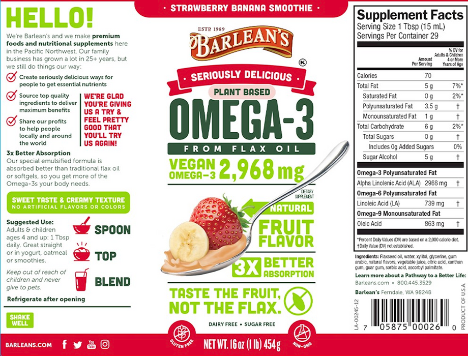 Barlean's Organic Oils Omega Swirl Flax Oil Strawb Ban 16oz