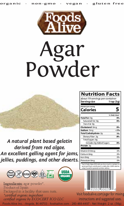Foods Alive Bio-Agar-Pulver, 19 Portionen