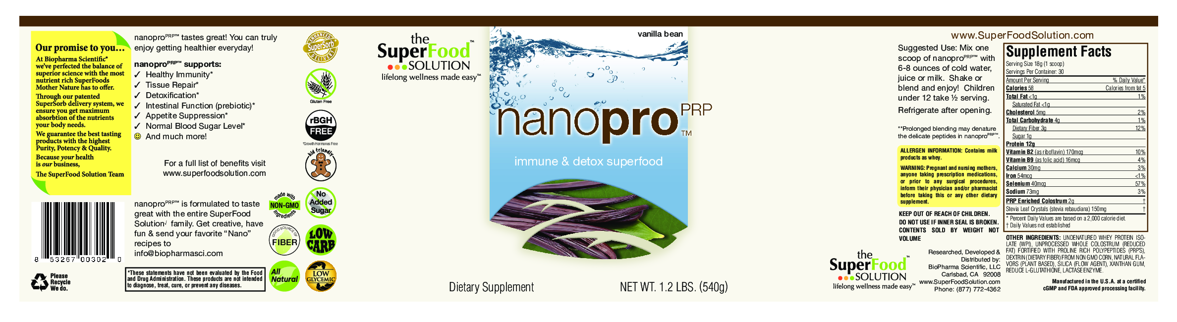 BioPharma Scientific NanoPro PRP Immune Vanilla 1.2 lb