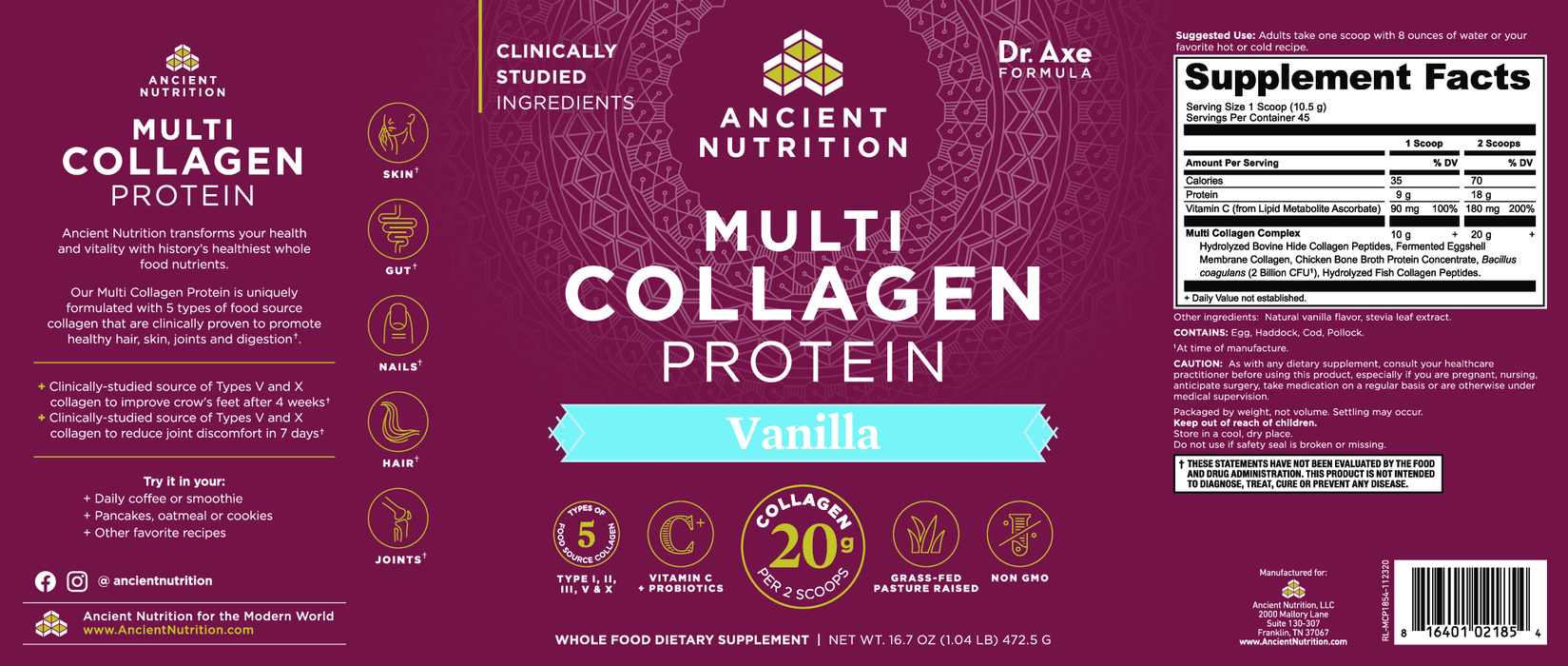 Ancient Nutrition Multi Collagen Protein Vanilla 16.7 oz