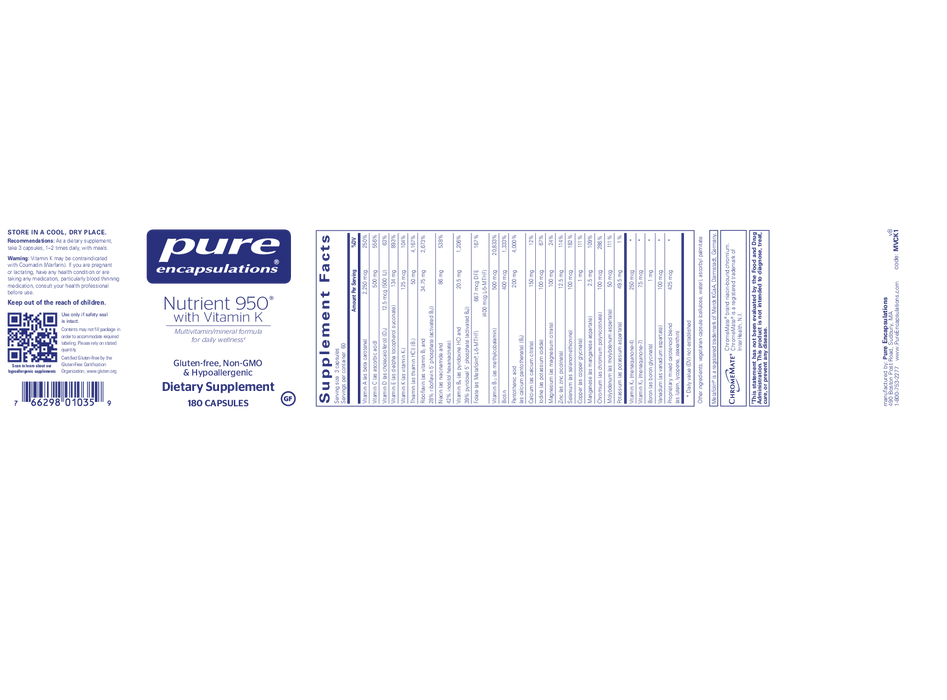 Pure Encapsulations Nutrient 950 with Vitamin K 180 vcaps