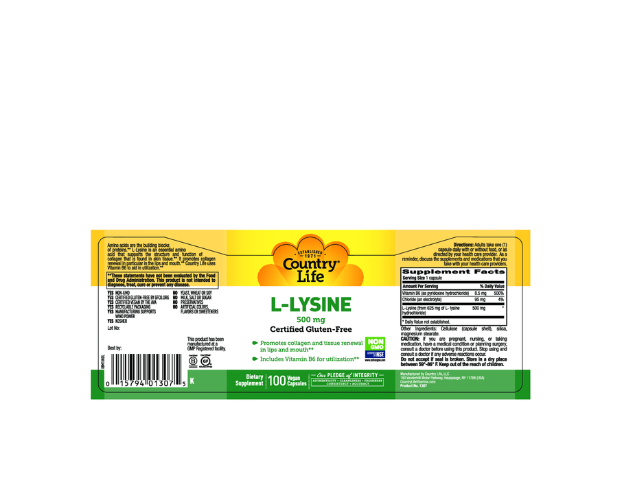 Country Life L-Lysine 500 mg w/B6 100 vegcaps