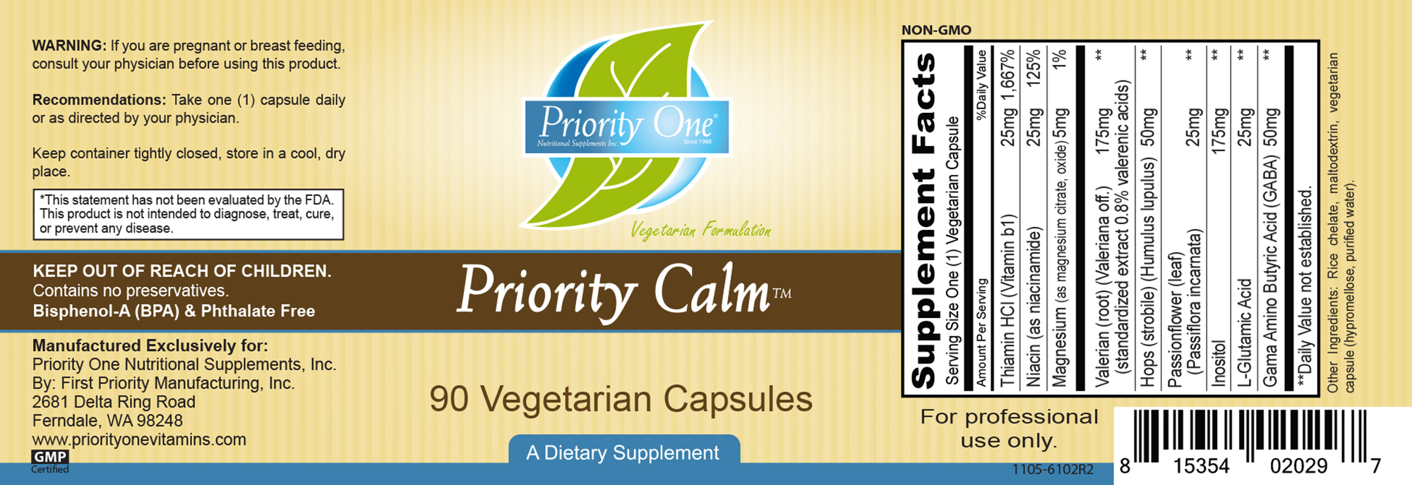 Priority One Vitamins Priority Calm 90 vegcaps