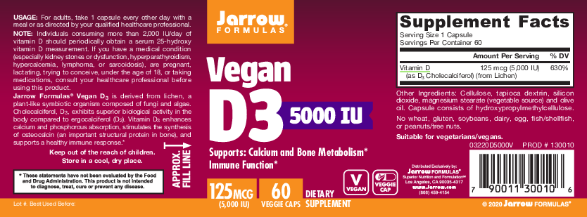 Jarrow Formulas Vegan Vitamin D3 125 mcg 60 vegcaps