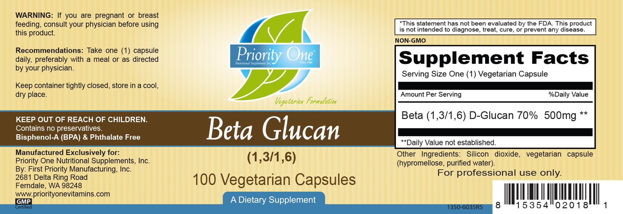 Priority One Vitamins Beta Glucan 500 mg 100 vegcaps
