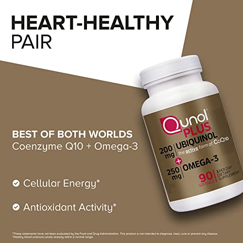 Ubiquinol + Omega 3, Qunol Plus Ubiquinol CoQ10 200mg with 250mg Omega-3 Fish Oil(Bovine Version), 90 Count