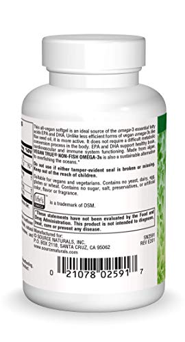 Source Naturals Vegan True Non-Fish Omega-3s EPA-DHA for Heart and Brain Health, (30 Capsules)