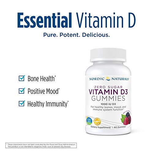 Nordic Naturals Zero Sugar Vitamin D3 Gummies, Wild Berry - 1000 IU Vitamin D3-60 Gummies - Great Taste - Healthy Bones, Mood & Immune System Function - Non-GMO - 60 Servings