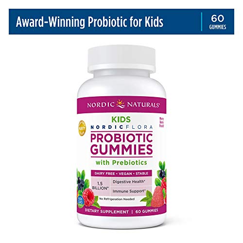 Nordic Naturals Kids Nordic Flora Probiotic Gummies, Merry Berry Punch - 60 Gummies - 1.5 Billion CFU & Prebiotic Fiber - Non-GMO, Vegan - 30 Servings