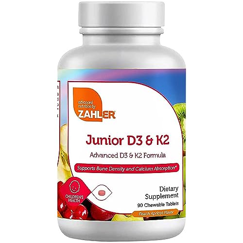 Zahler - Junior Vitamin D3 + K2 Chewable Tablets for Kids| Vitamin D for Kids 2000 IU | Delicious Vitamin D K2 Chews to Support Healthy Bones & Teeth - Kosher, Less Sugar Than Gummies (90 Count)
