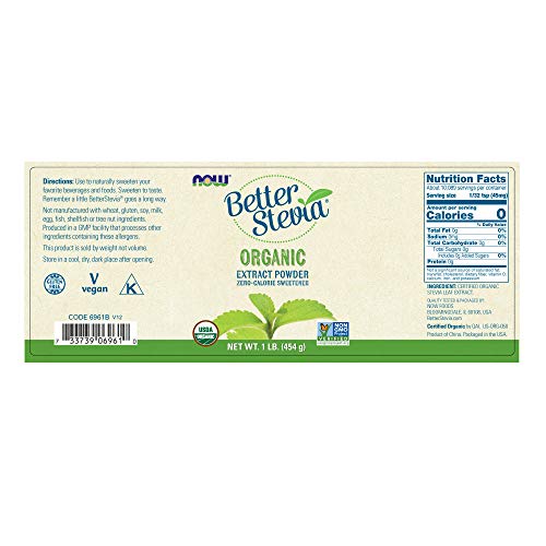 NOW Foods, Certified Organic Better Stevia, Extract Powder, Zero-Calorie Sweetener, Certified Non-GMO, 1-Pound