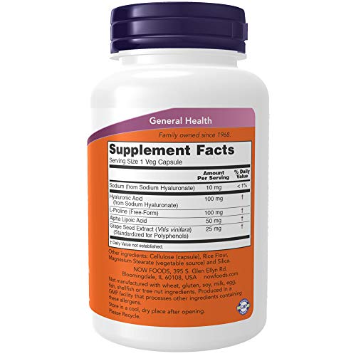 Now Foods Supplements, Hyaluronic Acid, Double Strength 100 mg, with L-Proline, Alpha Lipoic Acid and Grape Seed Extract, 120 Veg Capsules, Brown