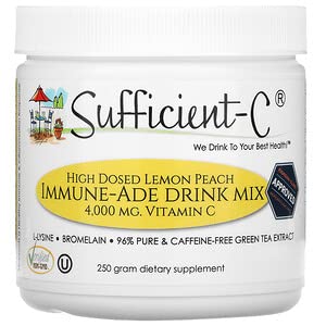 Sufficient-C high-dosed 4000 mg. Non-GMO Vitamin C - Lemon Peach Immune-Ade Drink Mix 250 Gram size - healthy, refreshing hydration with generous dosing of l-lysine, bromelain and a 96% pure, caffeine-free green tea extract - thyroid, adrenal, eye, UTI, c