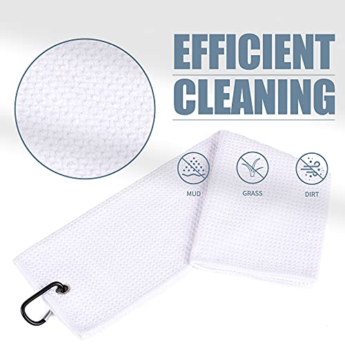 Mile High Life Microfiber Waffle Pattern Tri-fold Golf Towel | Brush Tool Kit with Club Groove Cleaner, Retractable Extension Cord and Clip (White Towel+Black Brush)