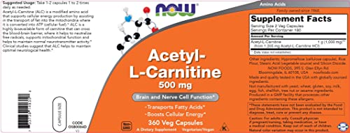 Now Foods Acetyl-L-Carnitine ACL 500 mg, 360 Veg Capsules - Non-GMO