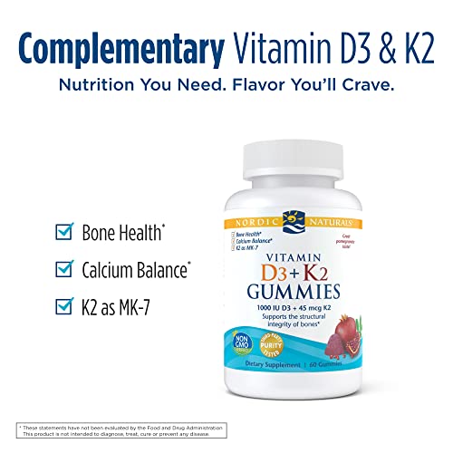 Nordic Naturals Vitamin D3 + K2 Gummies, Pomegranate - 1000 IU Vitamin D3 + 45 mcg Vitamin K2-60 Gummies - Great Taste - Bone Health, Promotes Healthy Muscle Function - Non-GMO - 60 Servings