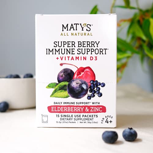 Maty's Super Berry Immune Support - Daily Immune Supplement Made with Elderberry, Aronia Berry, Zinc & D3 - Single Serve Packets, 15 Count