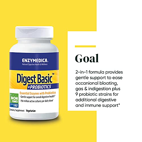 Enzymedica, Digest Basic + Probiotics, Gentle Enzymes for Digestive Health, Breaks Down Carbs, Fats and Proteins with Protease, Amylase and Lipase, 750 Million CFU, Vegetarian, 90 Capsules