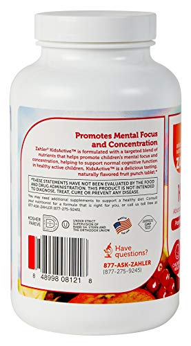 Zahler KidsActive, Kids Chewable Concentration Formula, All Natural Children’s Supplement Supporting Focus and Attention, Certified Kosher, 180 Fruit Punch Flavored Tablets