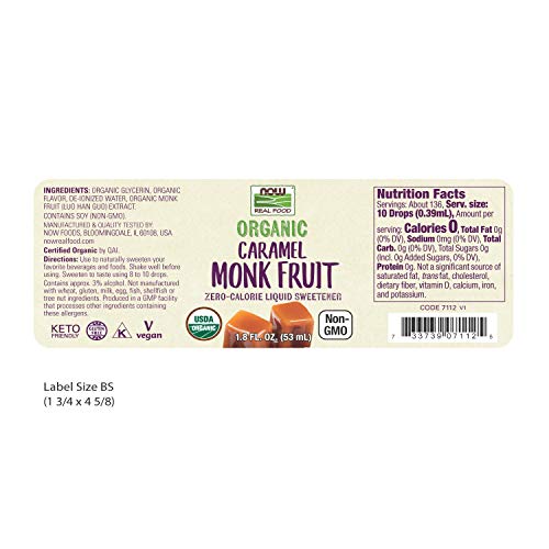 NOW Foods, Organic Liquid Monk Fruit, Zero-Calorie Sweetener, Caramel, 1.8-Ounce