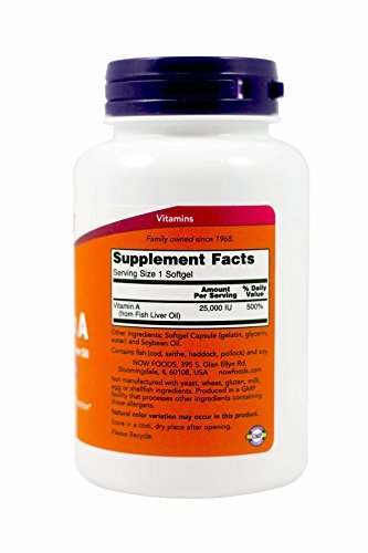 Now Foods Vitamin A, 25000 IU from Fish liver oil, 250 Softgels (Pack of 2)